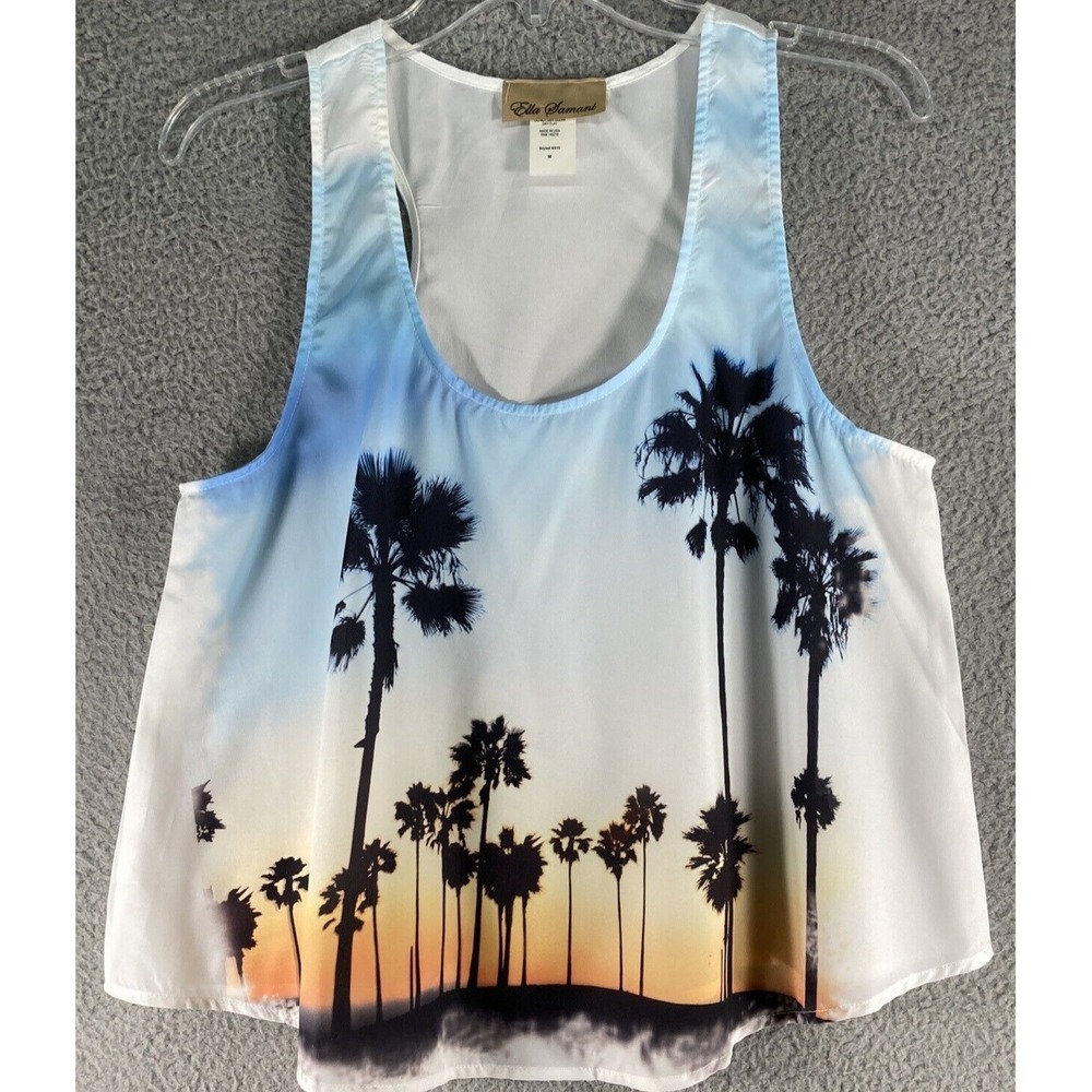 Ella Samani Tank Top Womens Medium Blue Palm Tree Sunset Racerback 6510
